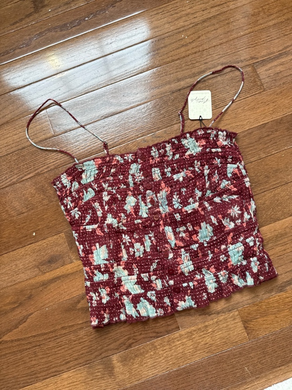 Free People Smocked Floral Tank Top in Burgundy Floral - Picture 2 of 10
